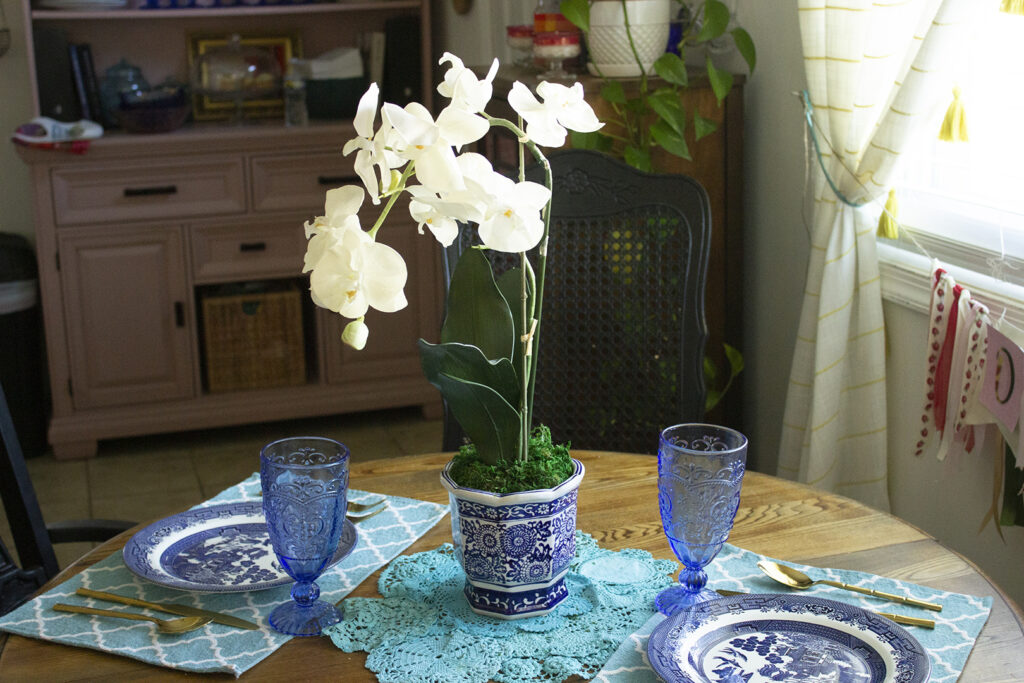 Faux Orchid in a Blue and White Chinoiserie Flower Pot