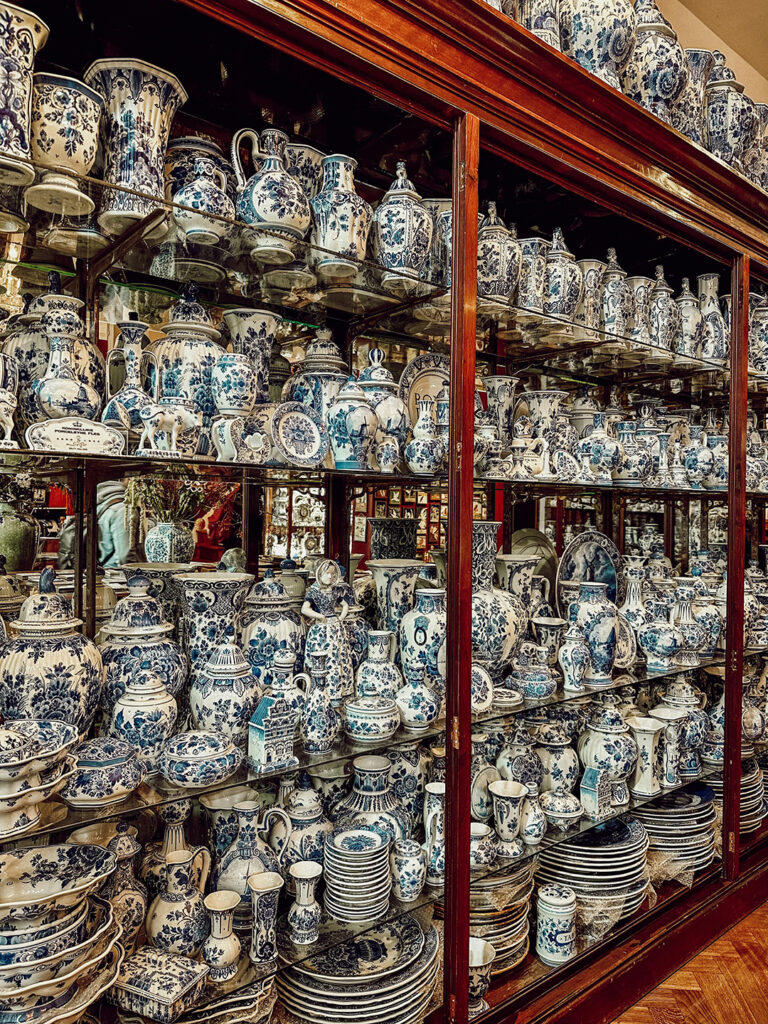 shelves full of blue and white china or porcelain