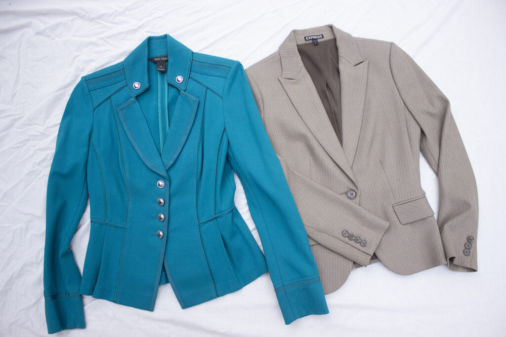 Turquoise blue blazer and tan blazer