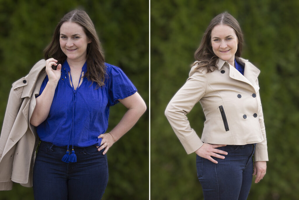 Classic Wardrobe Staples You Can Find at Thrift Stores: Woman in flowy blue top and jacket