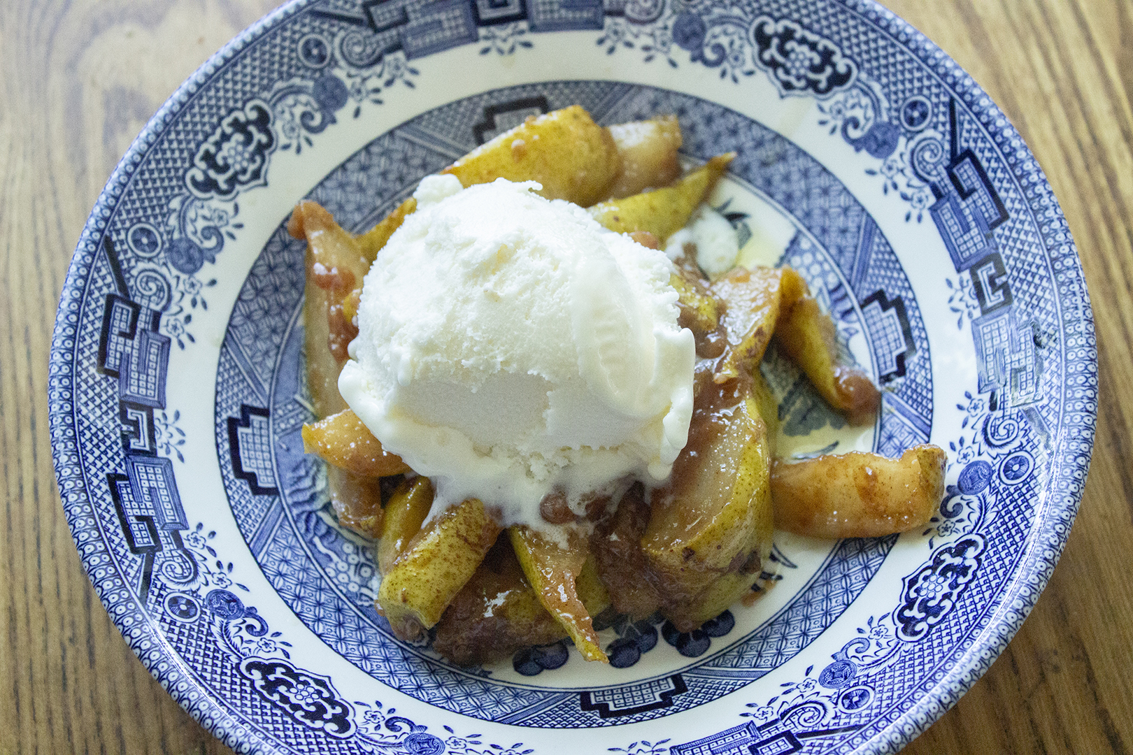 Pear Cobbler with a scoop of vanilla ice cream