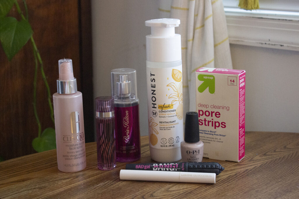 Favorite Beauty Products displayed together on a wooden table