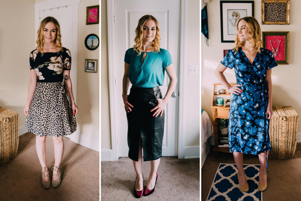 Build a Wardrobe on a Budget: Blonde woman in three different outfits