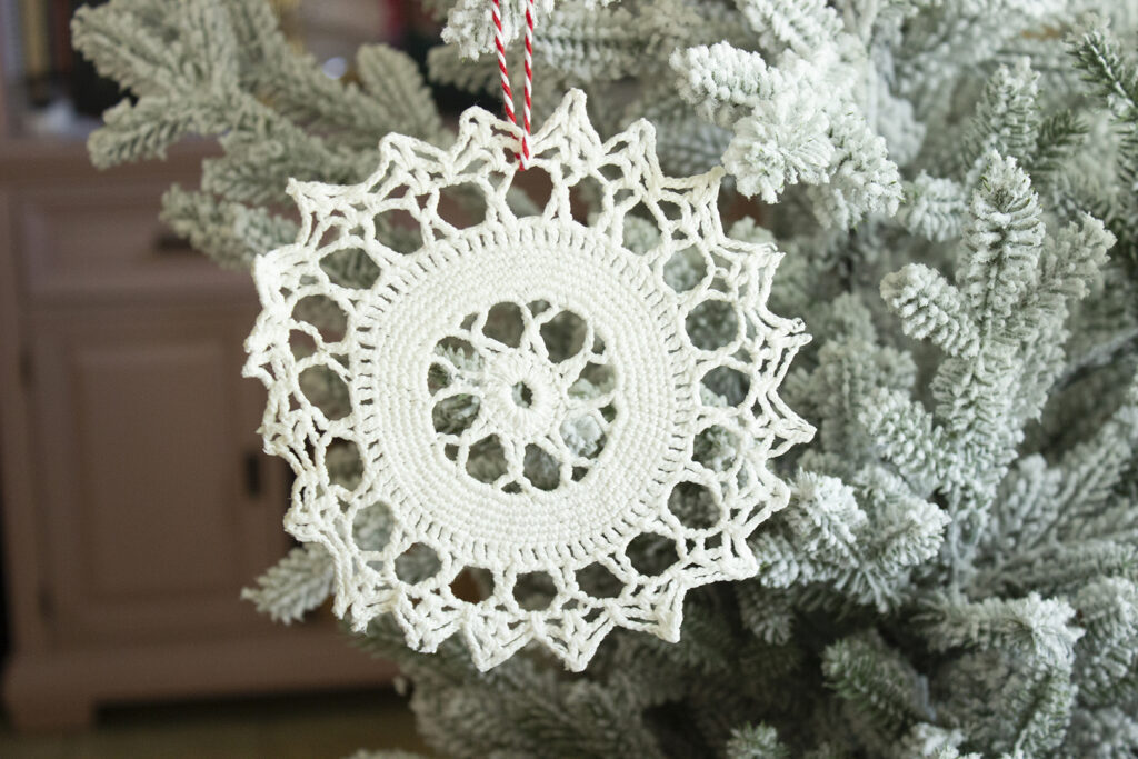 Doily DIY Snowflake Hanging on Christmas Tree