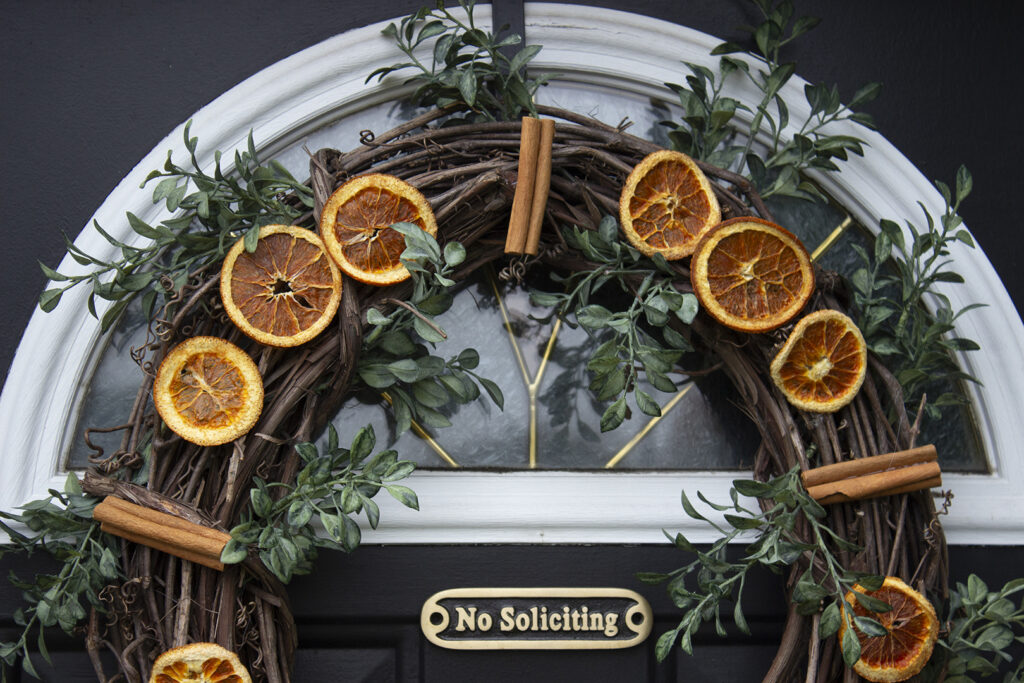 Closeup of dried orange wreath