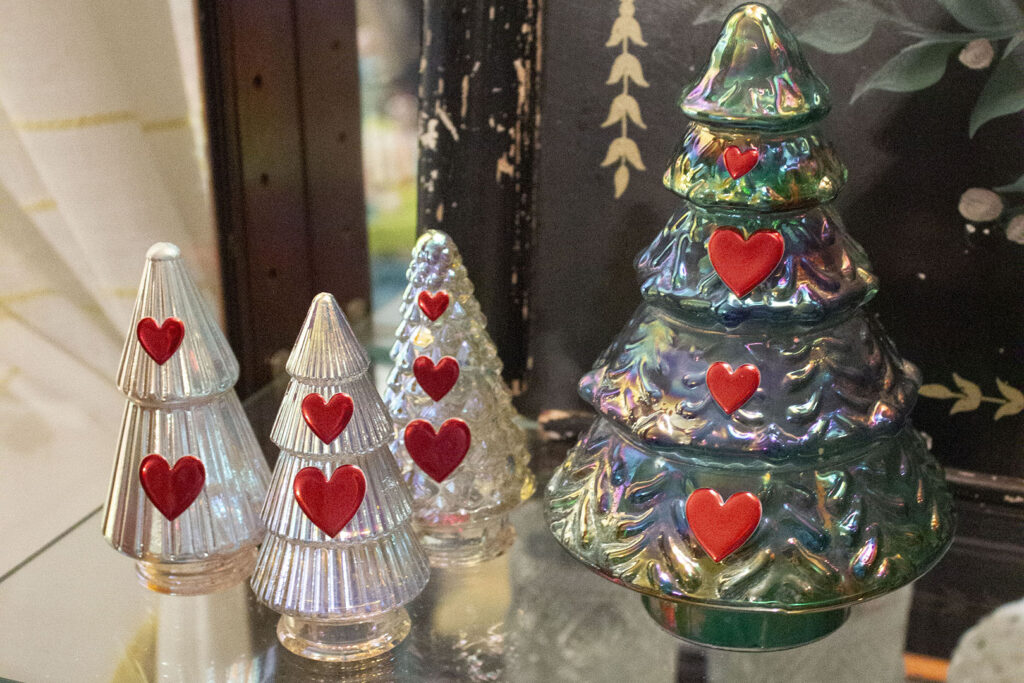 glass trees with heart stickers