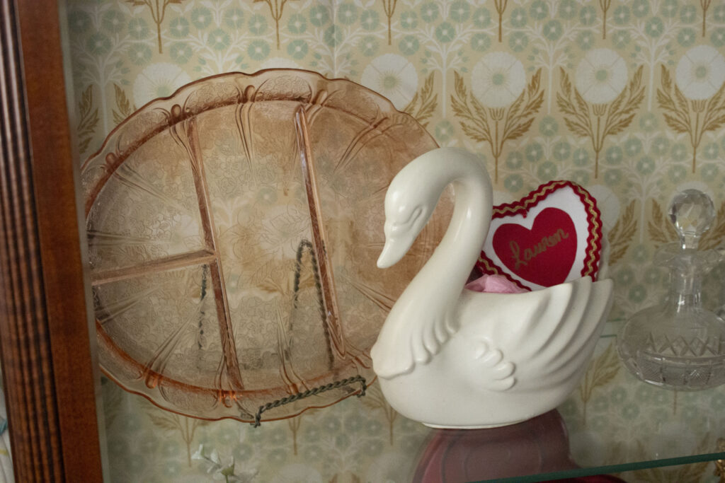 depression glass platter and swan vase